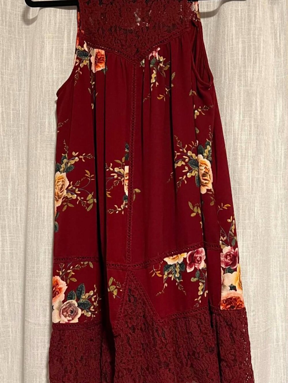 Entro Boho Sleeveless Floral Dress Lace Detail Burgundy Size S